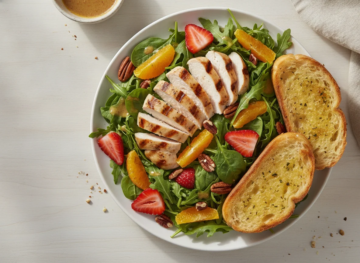 Ensalada con pollo a la parrilla y pan de ajo photo