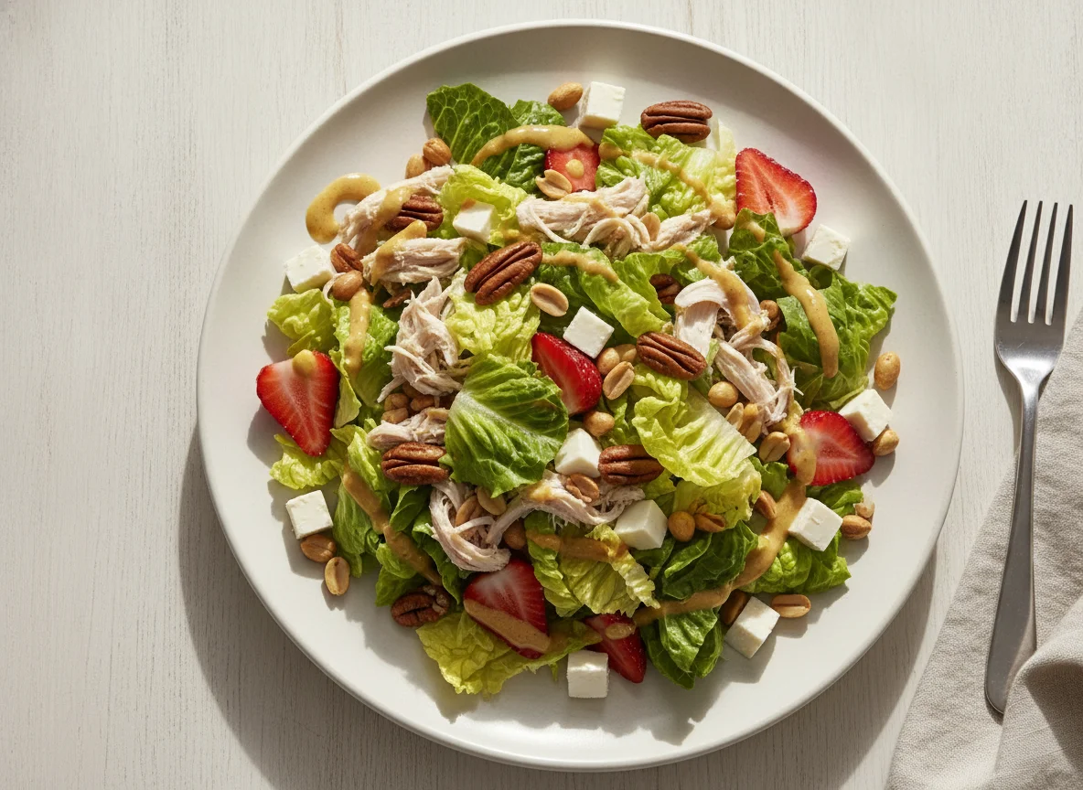 Ensalada con pollo, fresas y nueces photo