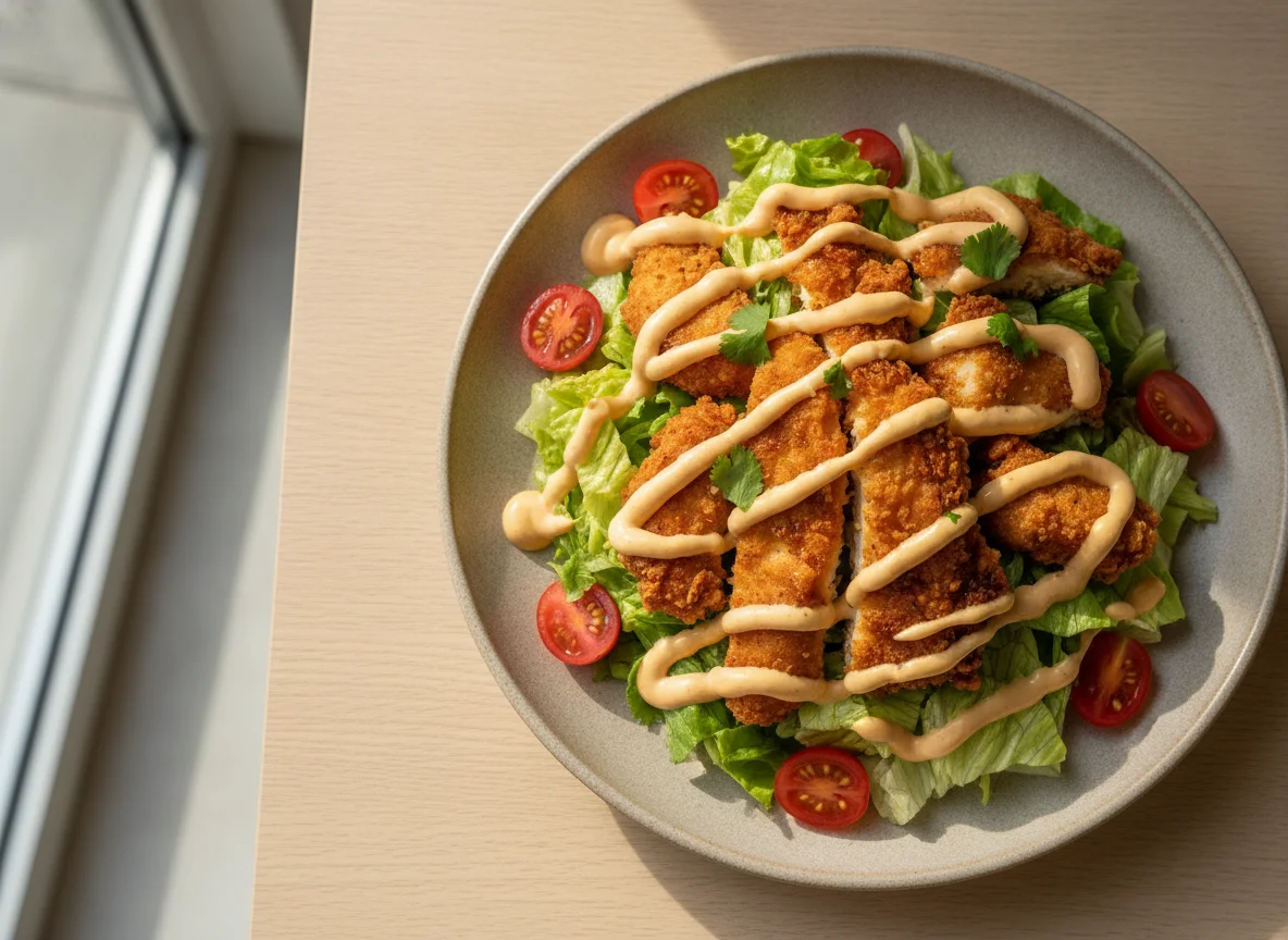 Ensalada con pollo frito y aderezo photo