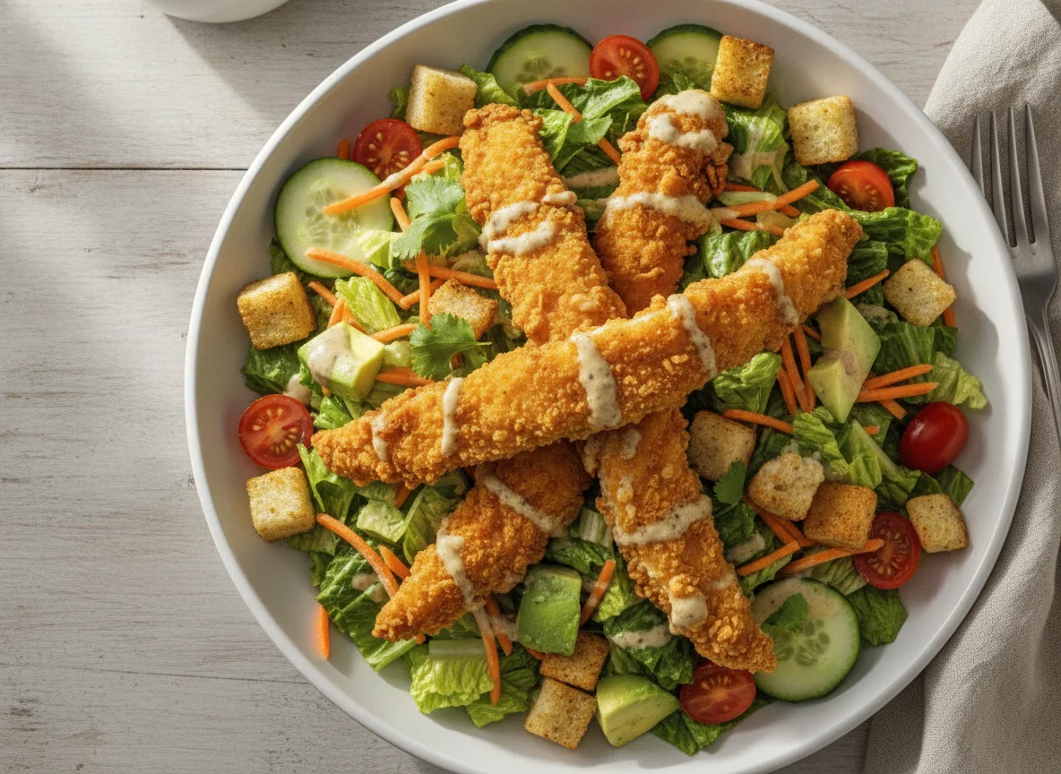 Ensalada con pollo frito y aguacate photo