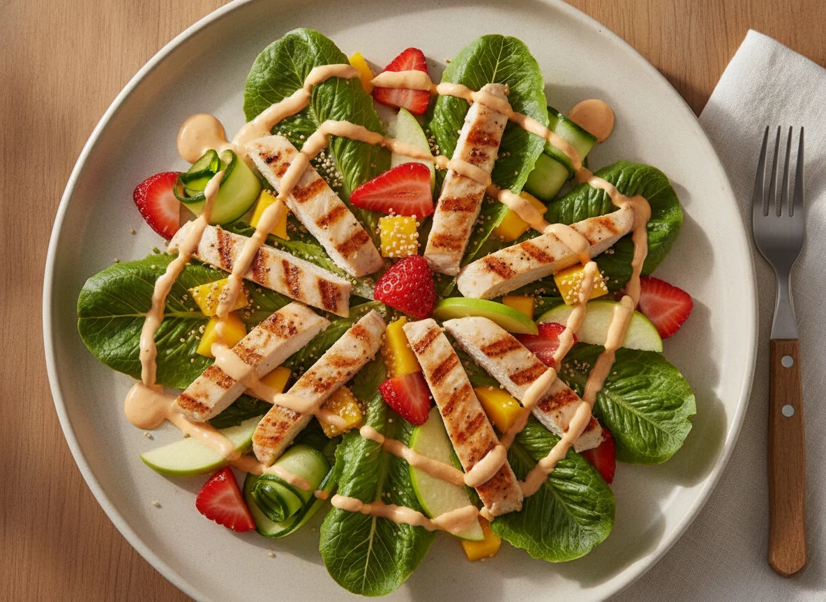 Ensalada con pollo, frutas y aderezo photo