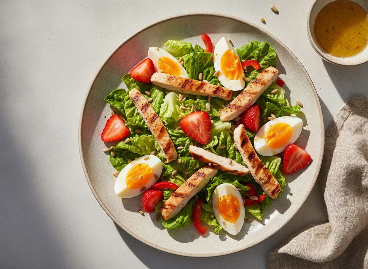 Ensalada con pollo, huevo y fresas photo