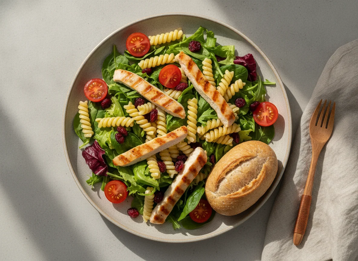 Ensalada con pollo, pasta y pan photo