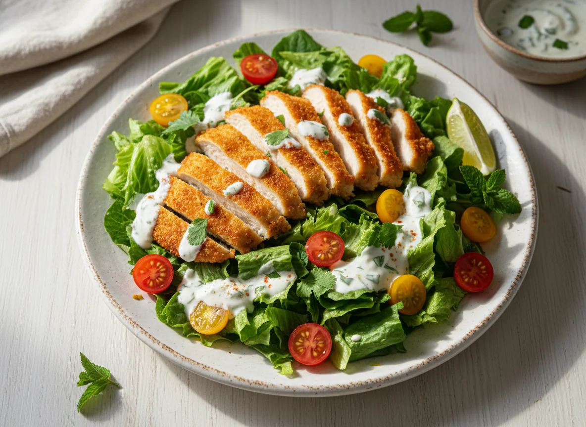 Ensalada con pollo y aderezo de yogurt photo