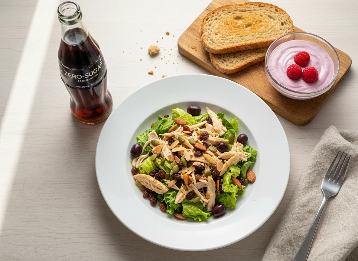 Ensalada con pollo y frutos secos, yogur proteico, pan y refresco photo