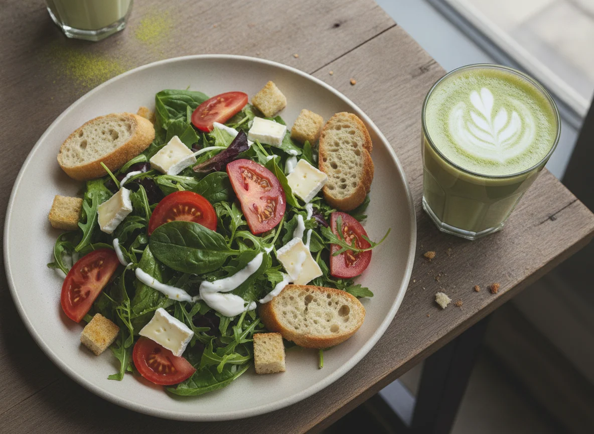 Ensalada con queso brie, tomate y té matcha latte photo