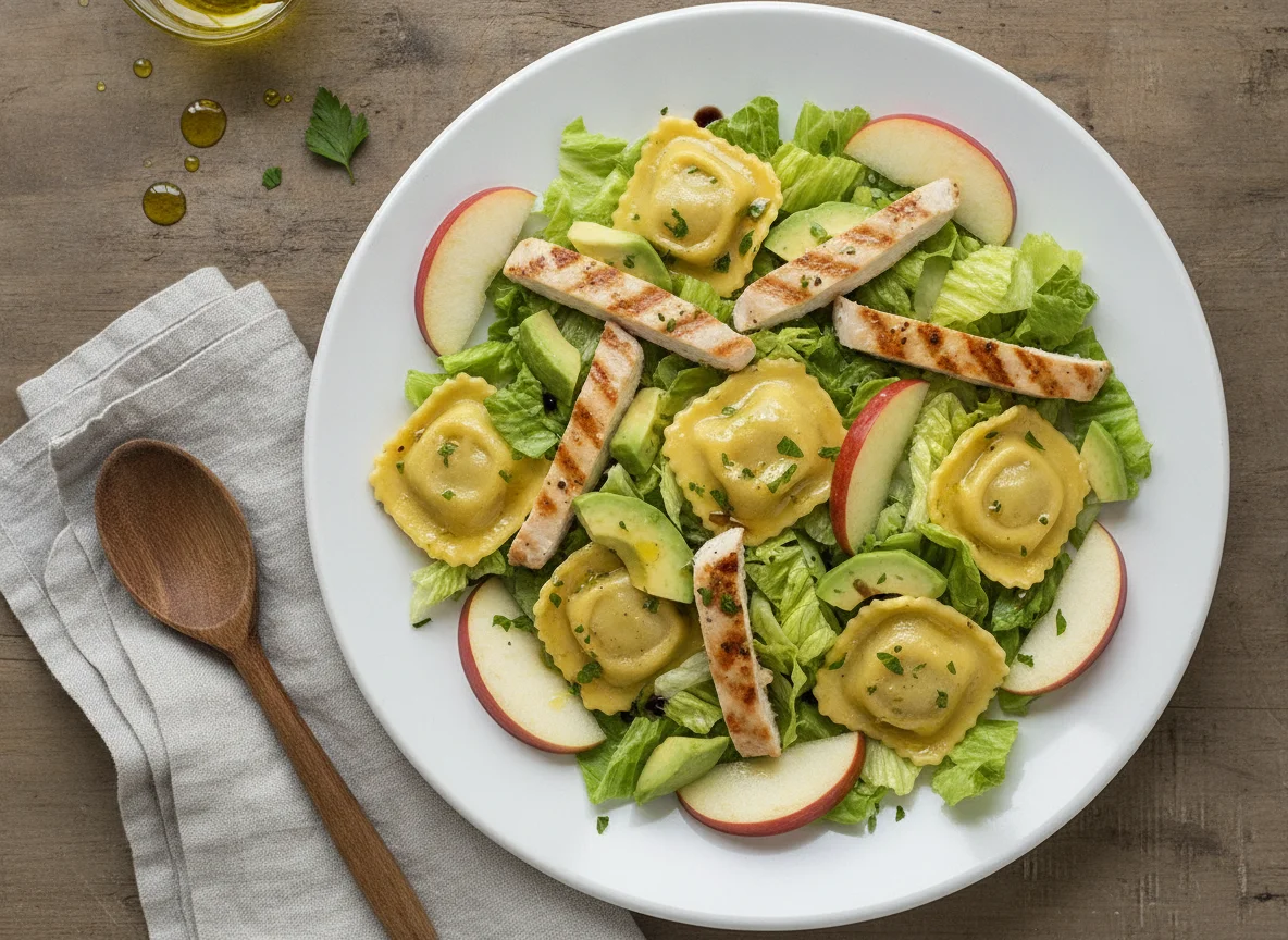 Ensalada con raviolis, pollo y manzana photo