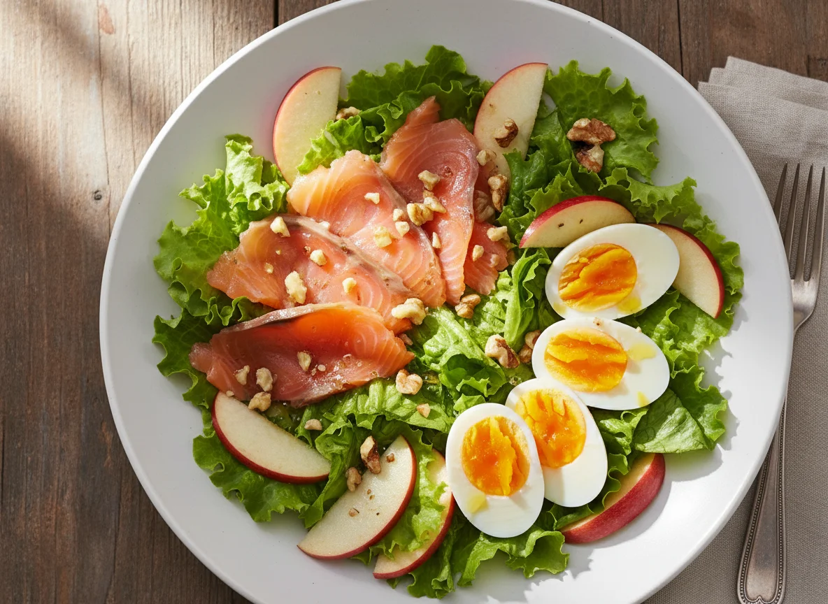 Ensalada con salmón, huevo y manzana photo