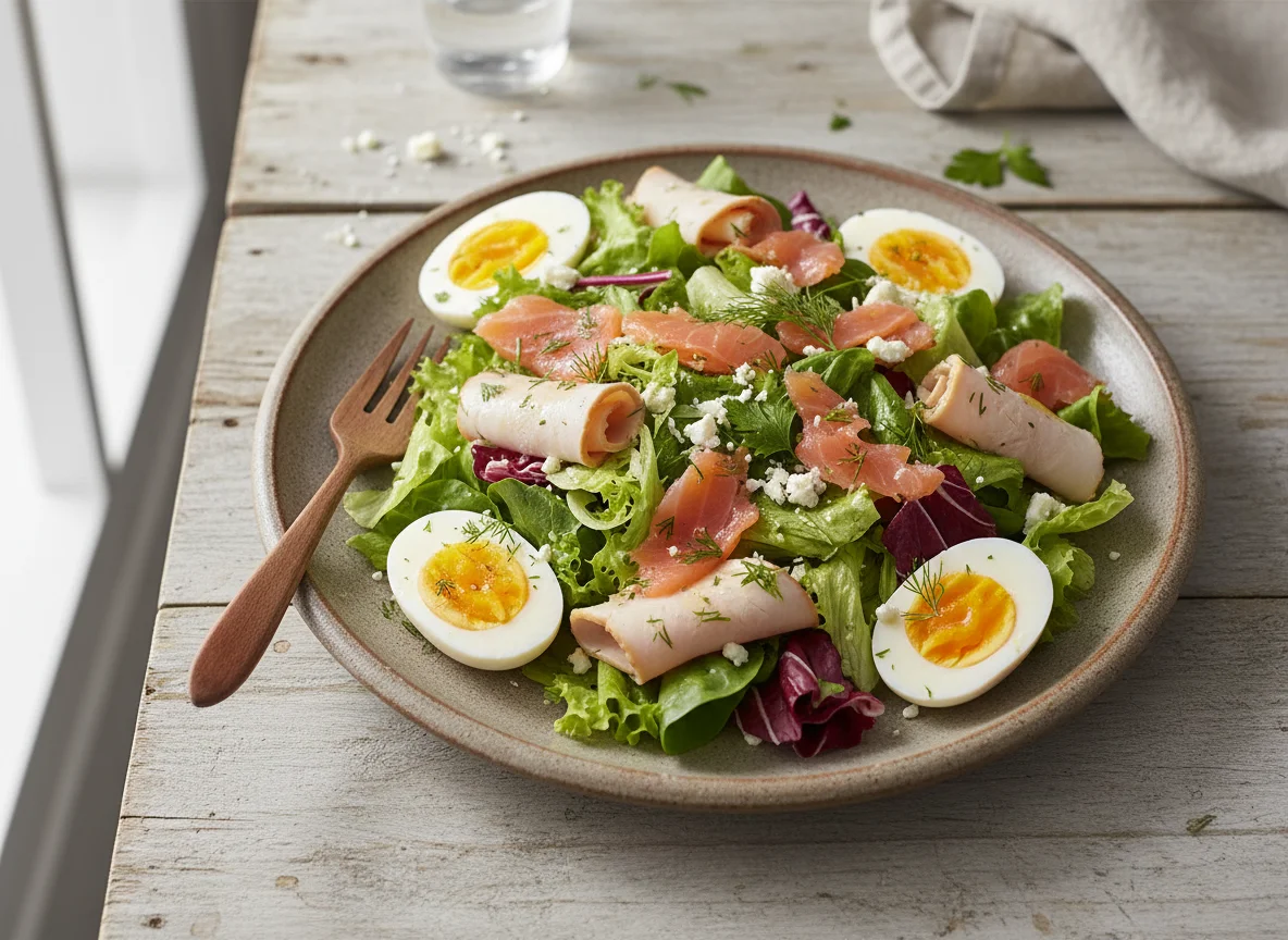 Ensalada con salmón, pavo y huevo photo