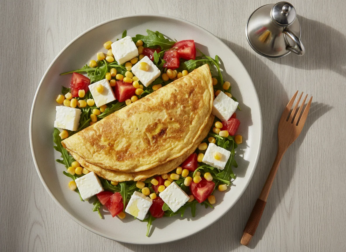 Ensalada con tortilla francesa, maíz y queso photo