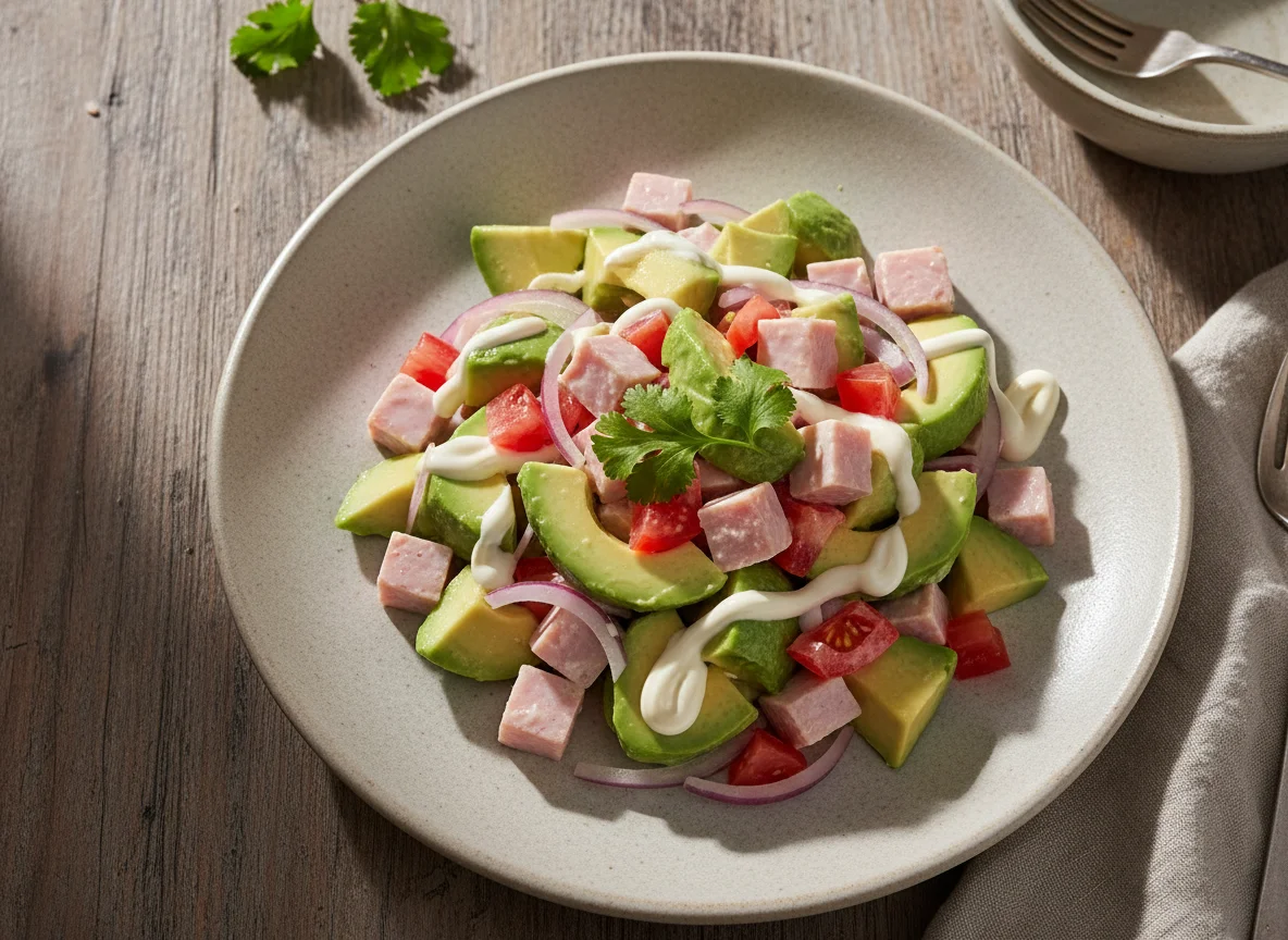 Ensalada cremosa de aguacate y jamón photo