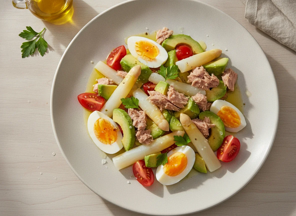 Ensalada de aguacate, atún, huevo y espárragos blancos photo