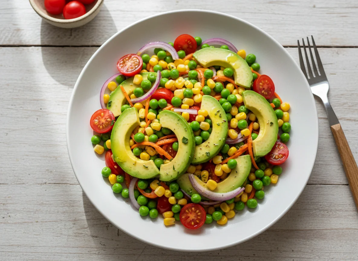 Ensalada de aguacate con chícharos y elote photo