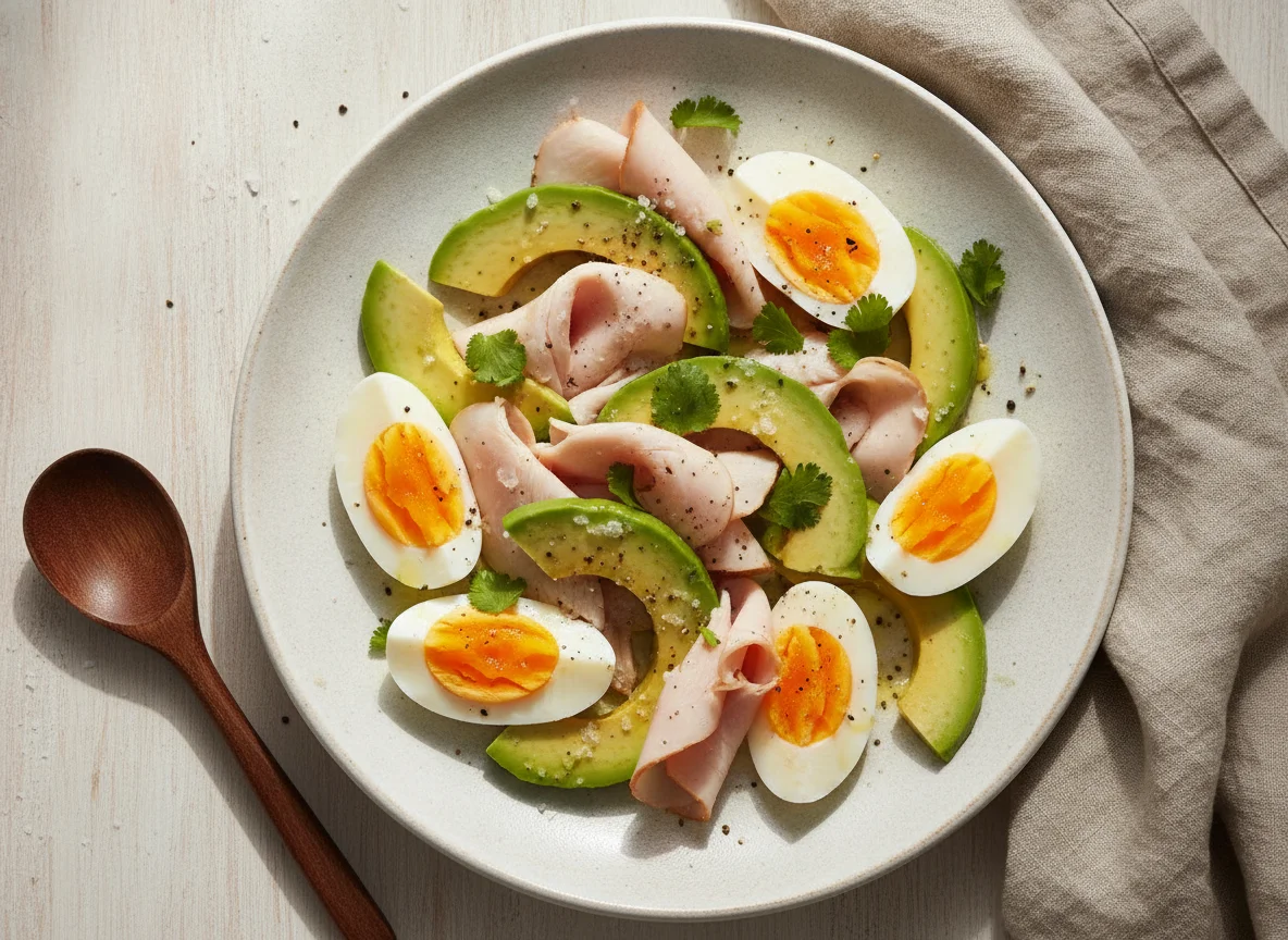 Ensalada de aguacate, huevo cocido y pavo photo