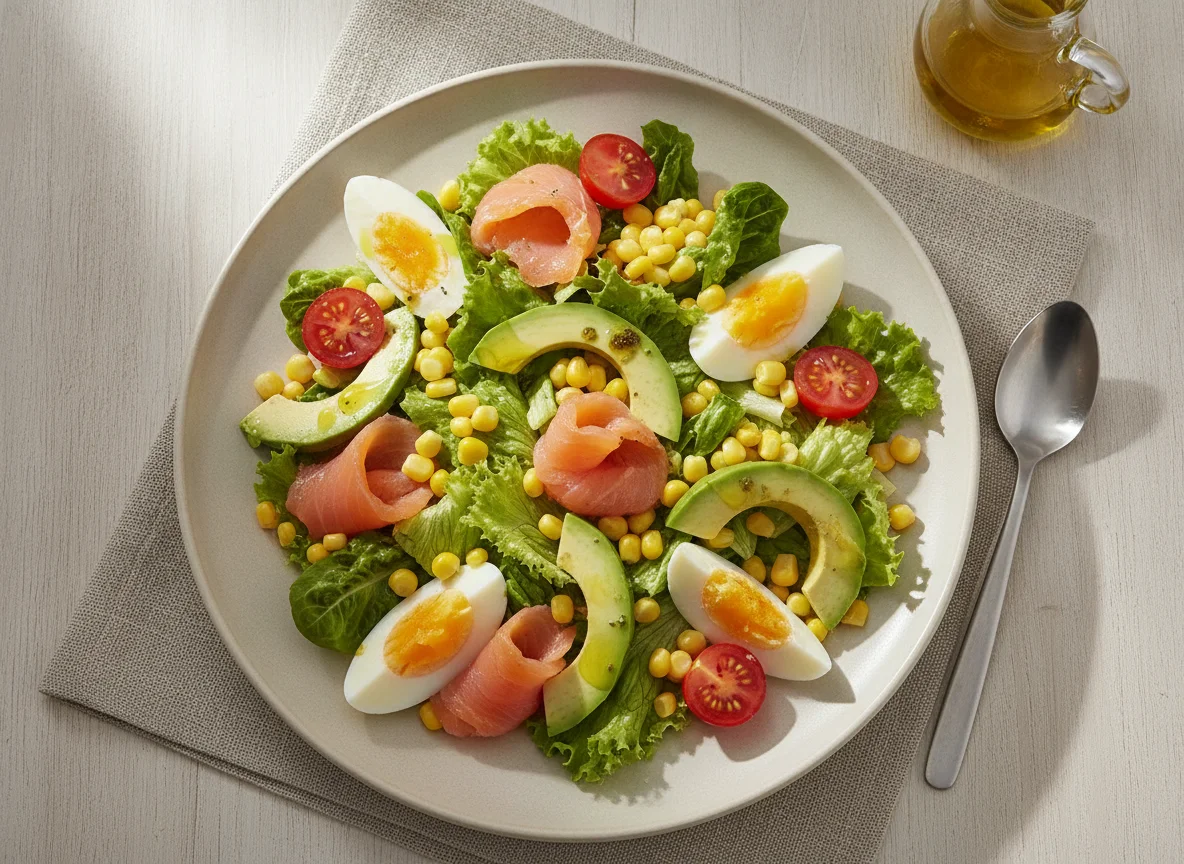 Ensalada de aguacate, huevo y salmón photo