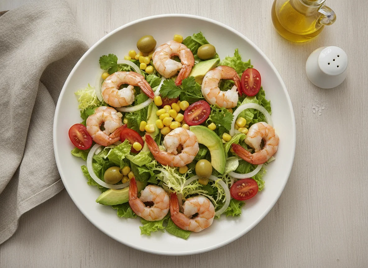 Ensalada de aguacate, langostinos y cebolla photo