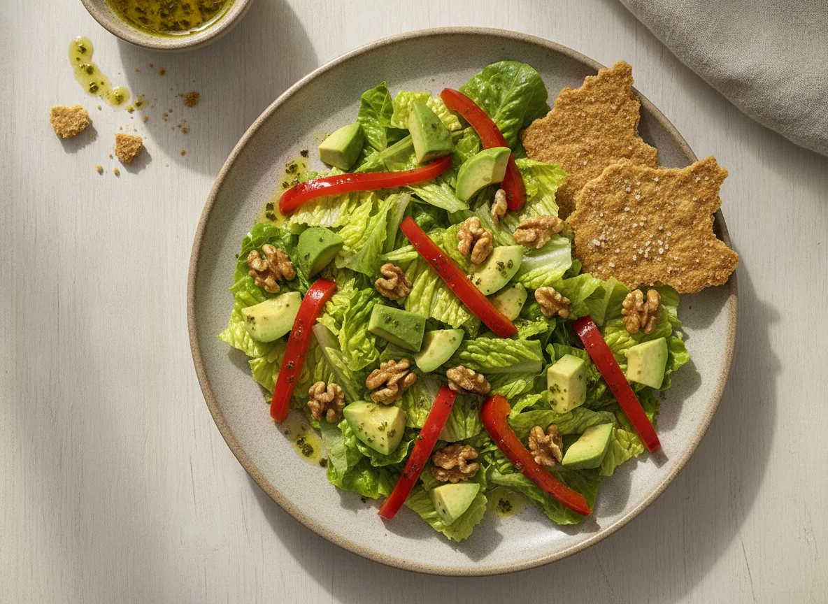 Ensalada de aguacate, pimiento y nueces con galleta salada photo