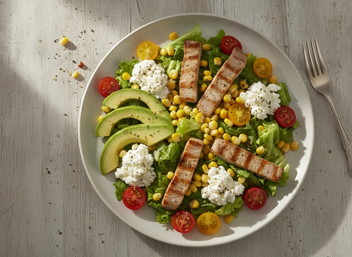 Ensalada de aguacate, queso cottage y lomo photo