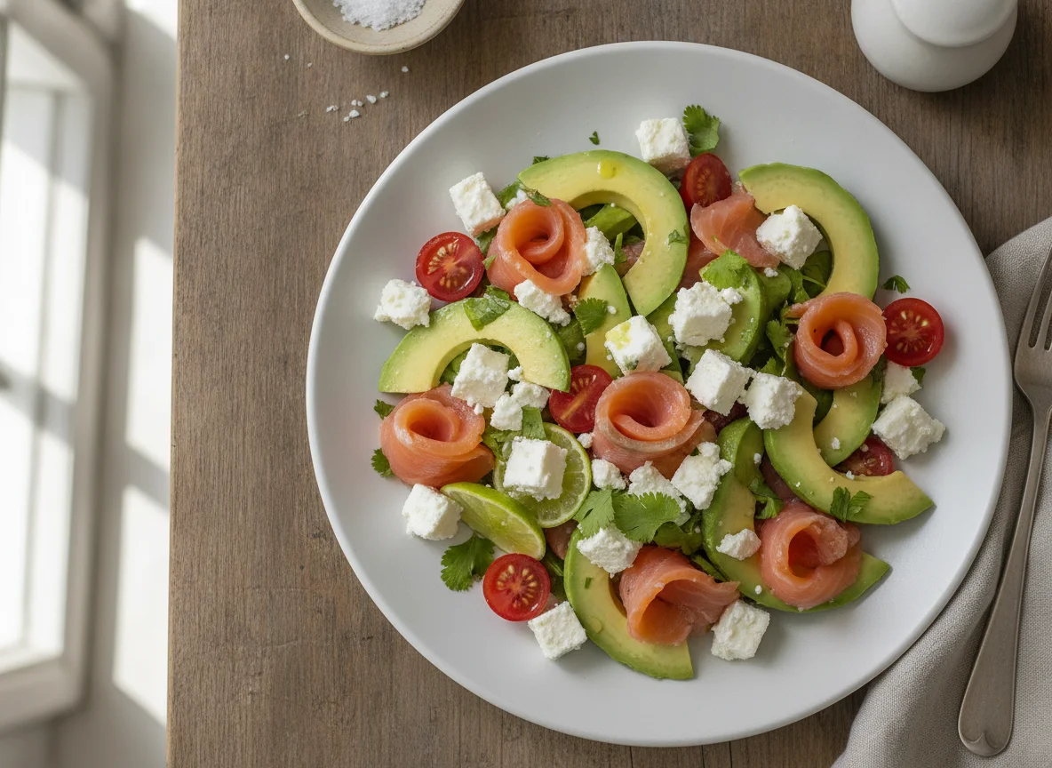 Ensalada de aguacate, salmón y queso fresco photo