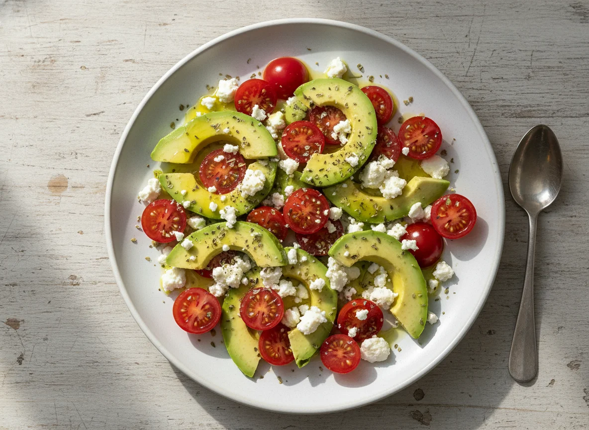 Ensalada de aguacate, tomate y queso feta photo