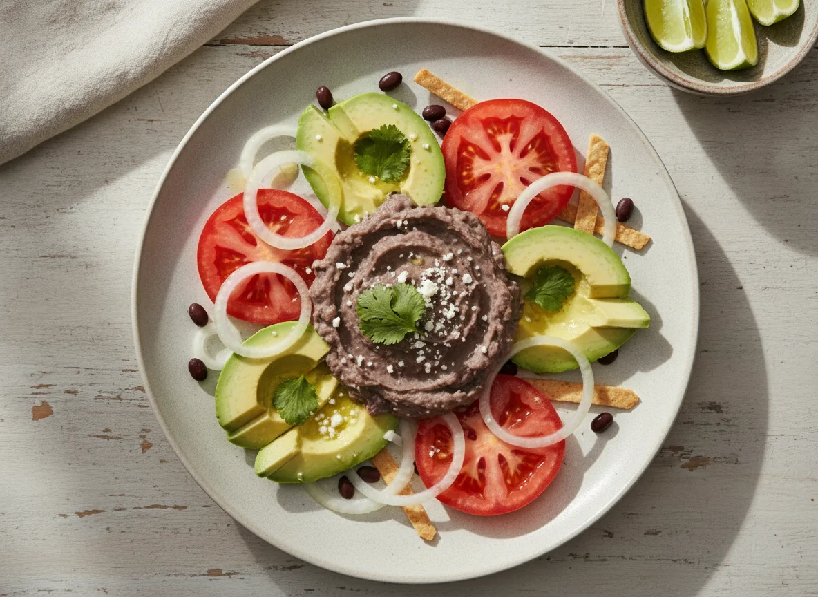 Ensalada de aguacate y frijoles refritos photo