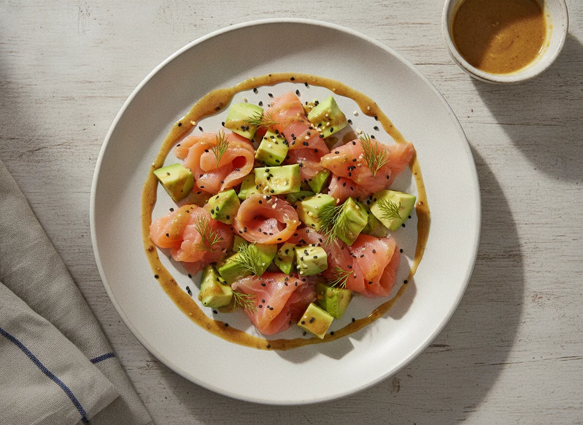 Ensalada de aguacate y salmón con salsa photo