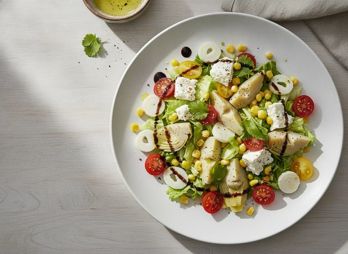 Ensalada de alcachofas, queso fresco y palmitos photo