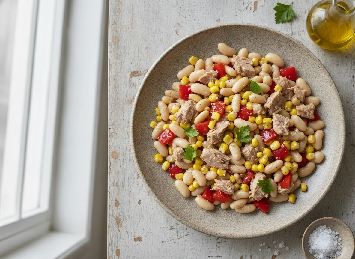 Ensalada de alubias blancas con atún y maíz photo