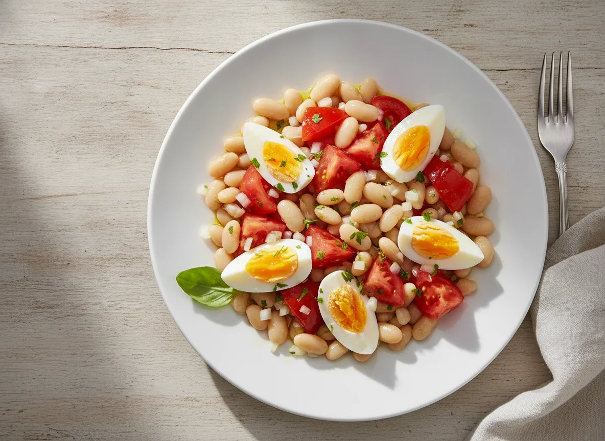 Ensalada de alubias blancas con tomate y huevo photo