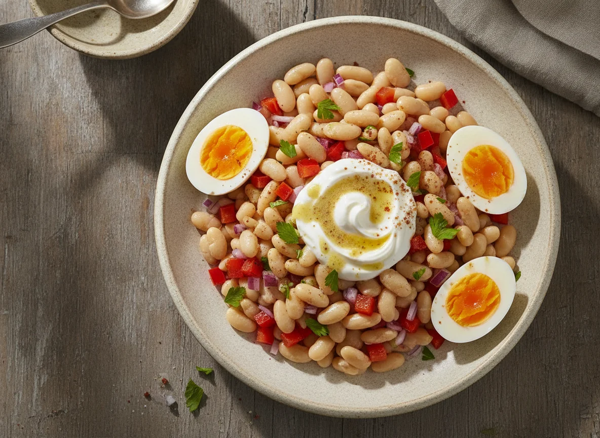 Ensalada de alubias con yogur y huevo photo