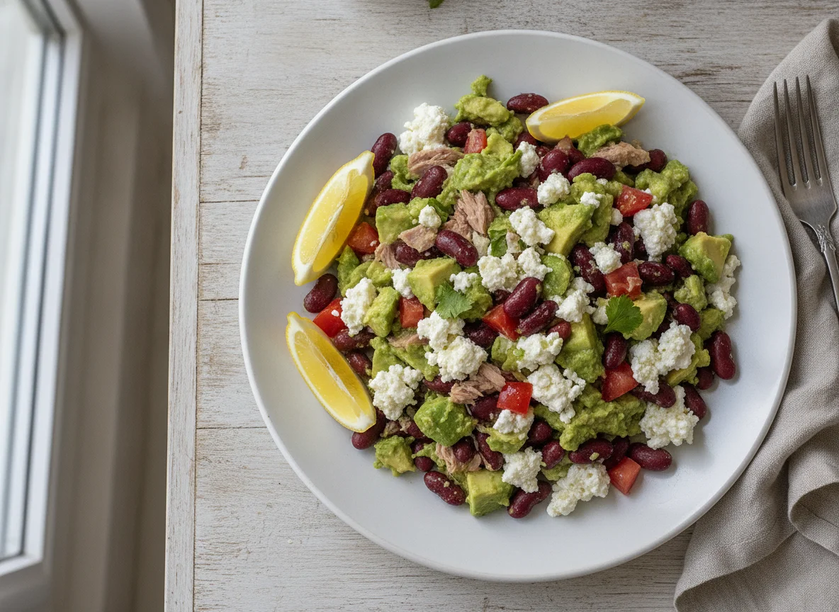 Ensalada de alubias rojas con guacamole y queso cottage photo