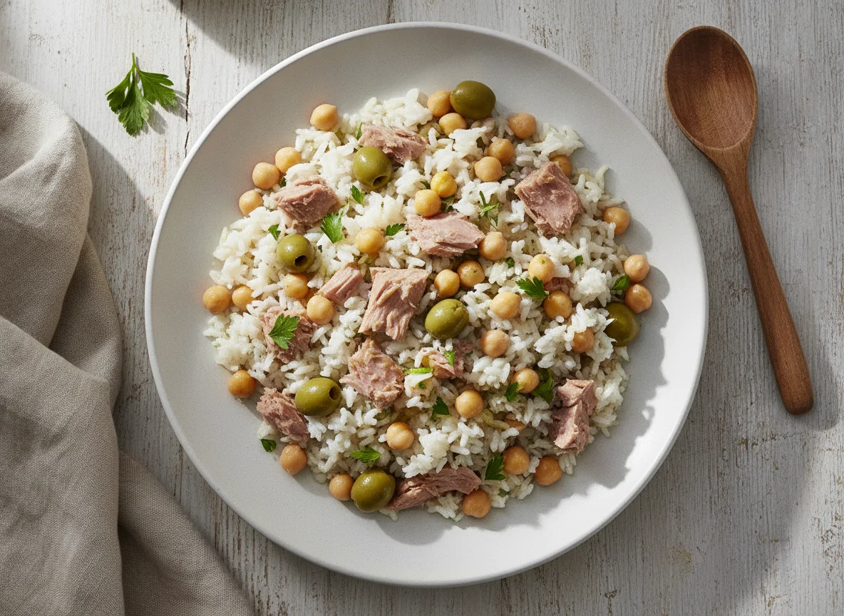 Ensalada de arroz con atún, garbanzos y aceitunas photo