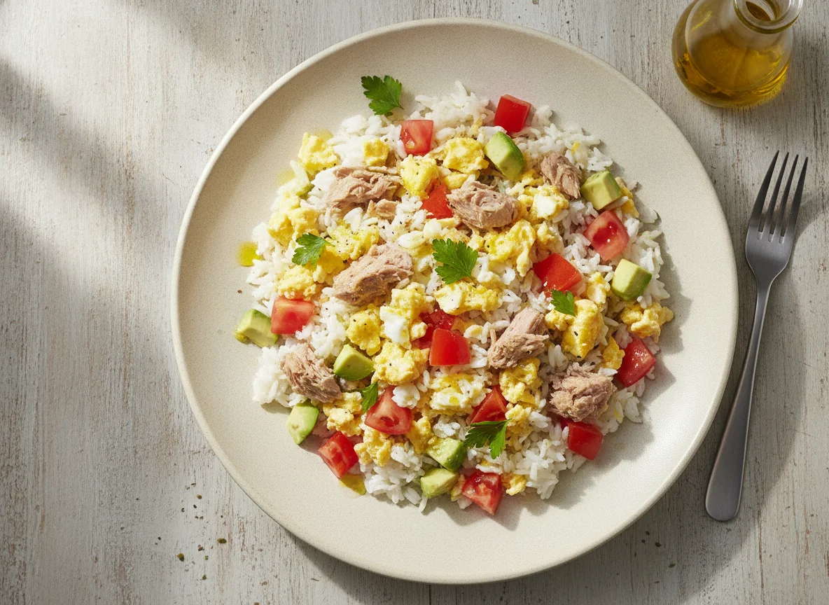 Ensalada de arroz con atún, huevo, tomate y aguacate photo