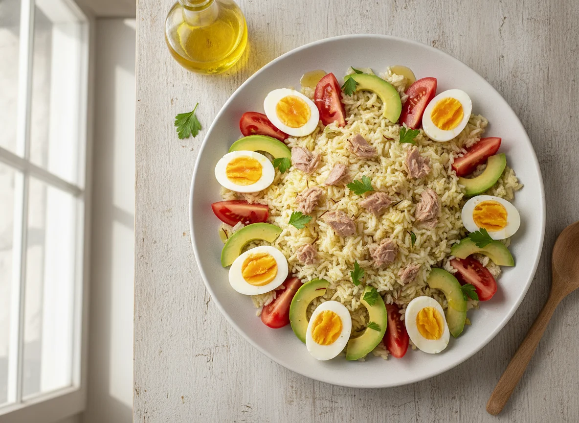 Ensalada de arroz con atún, huevo, tomate y palta photo