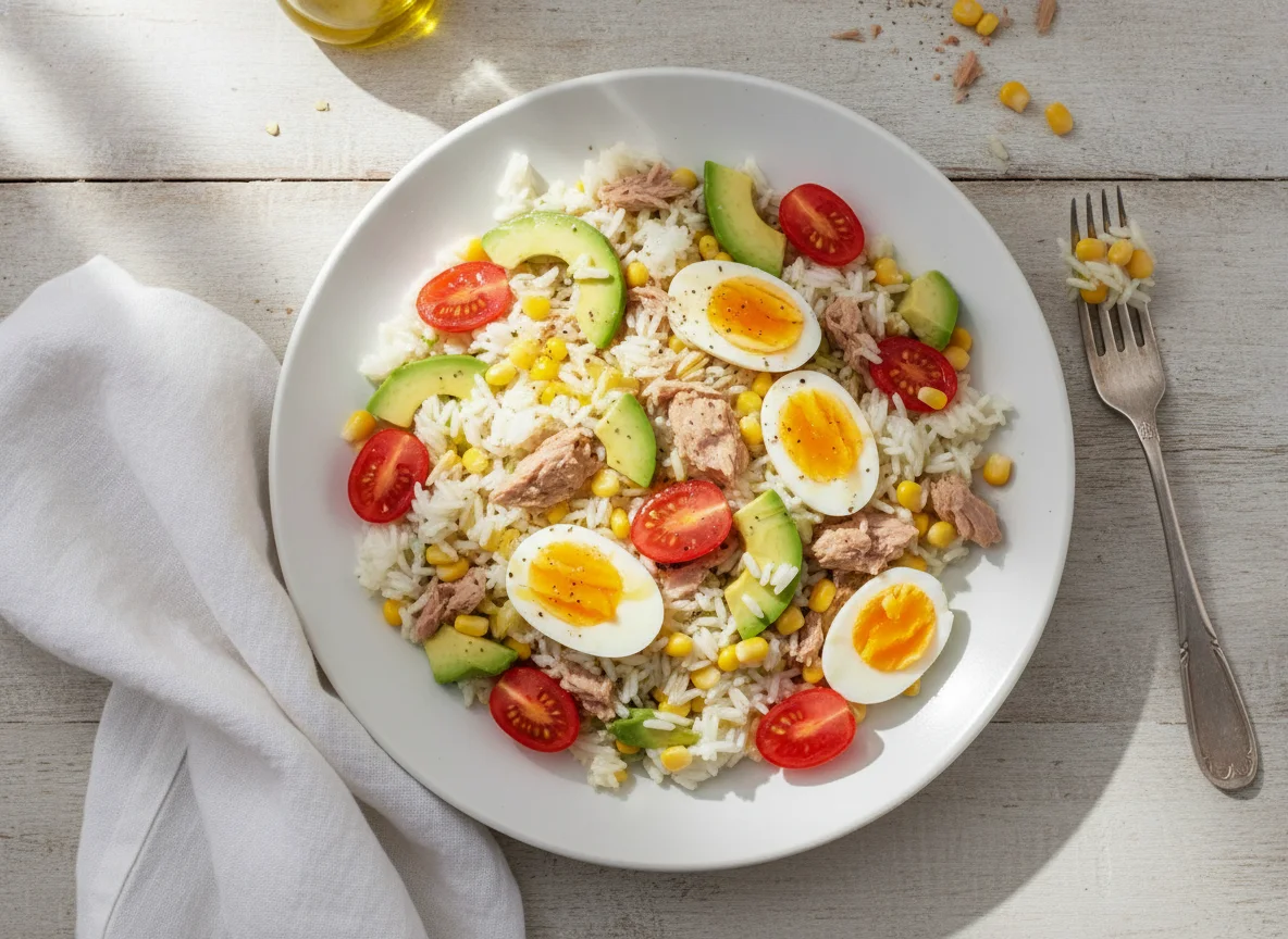Ensalada de arroz con atún, huevo y tomates cherry photo