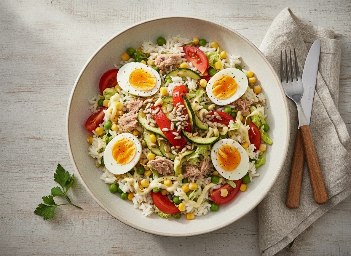 Ensalada de arroz con atún, huevo y vegetales photo