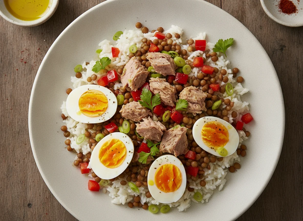 Ensalada de arroz con atún, lentejas y huevo photo