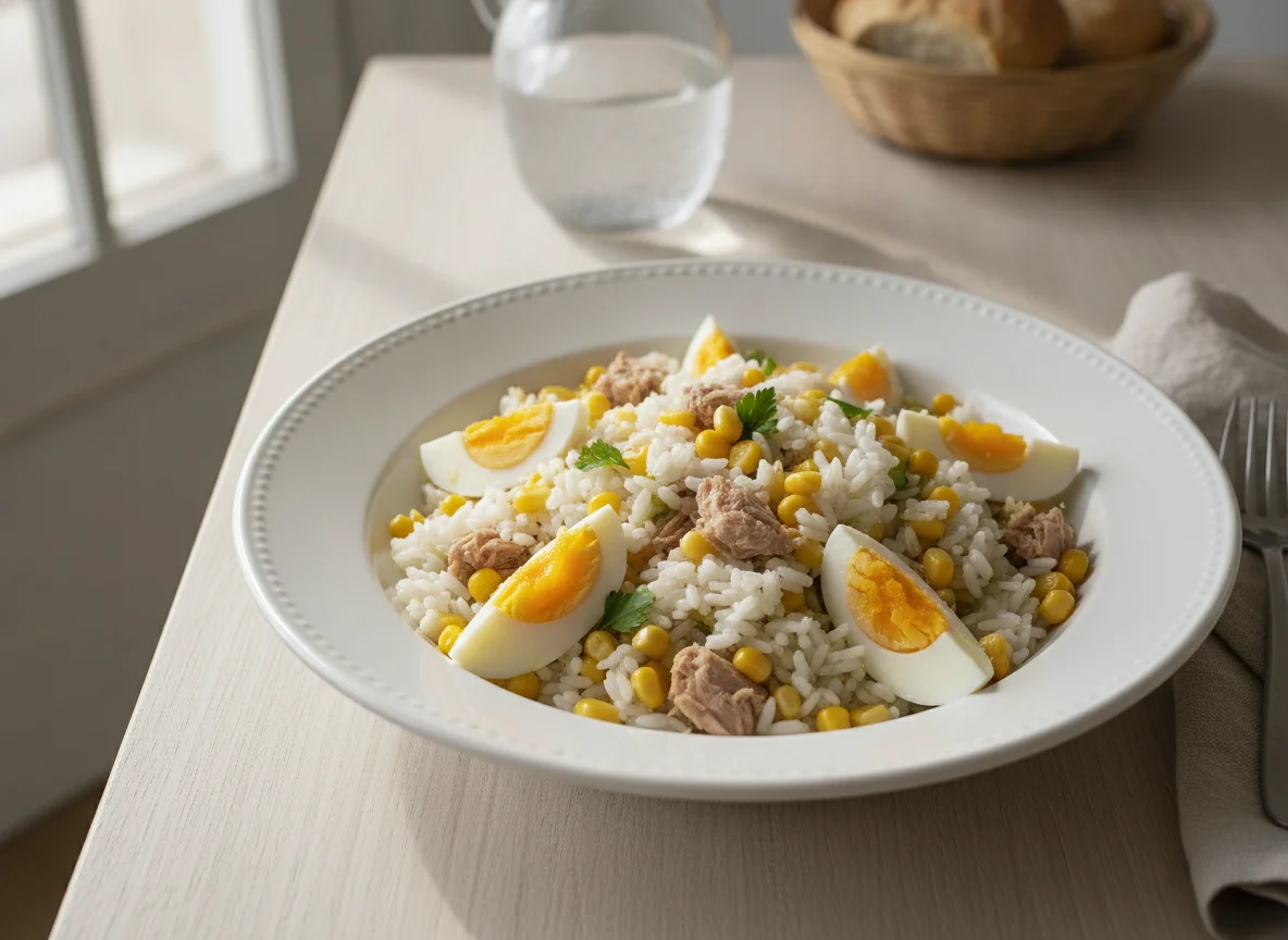 Ensalada de arroz con atún, maíz y huevo photo