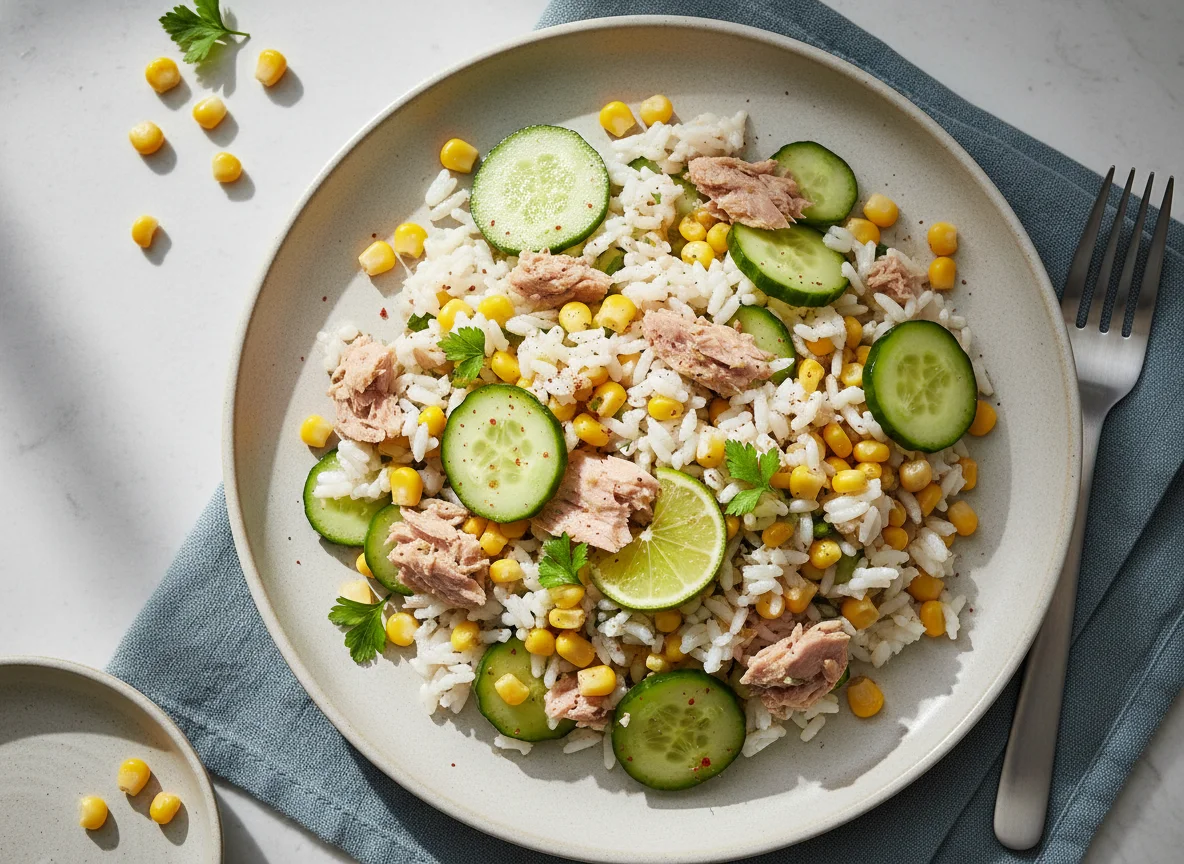 Ensalada de arroz con atún, maíz y pepino photo