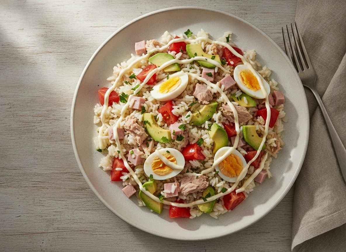 Ensalada de arroz con atún y jamón photo