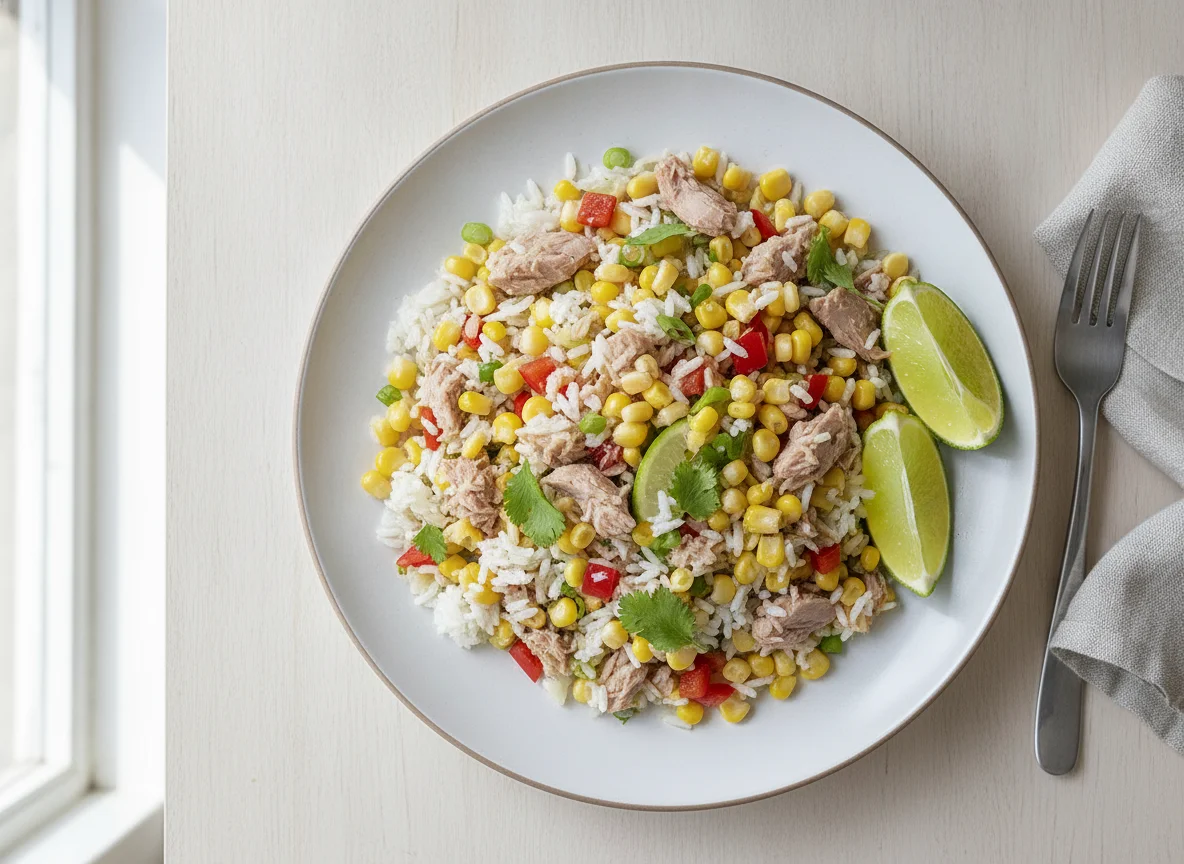 Ensalada de arroz con atún y maíz photo
