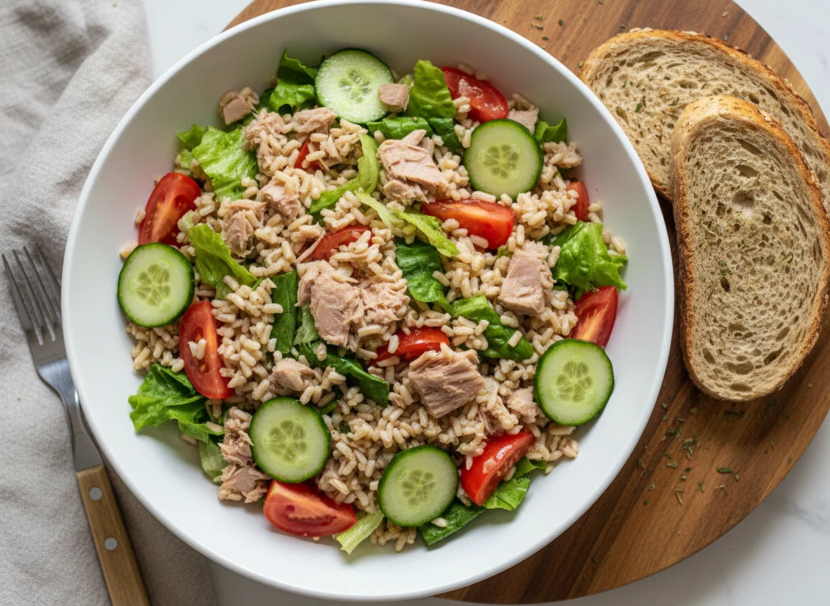 Ensalada de arroz con atún y pan integral photo