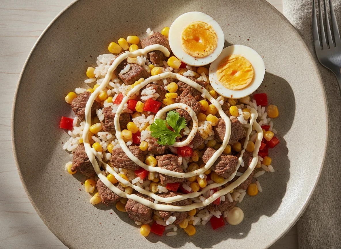 Ensalada de arroz con carne, huevo y choclo photo