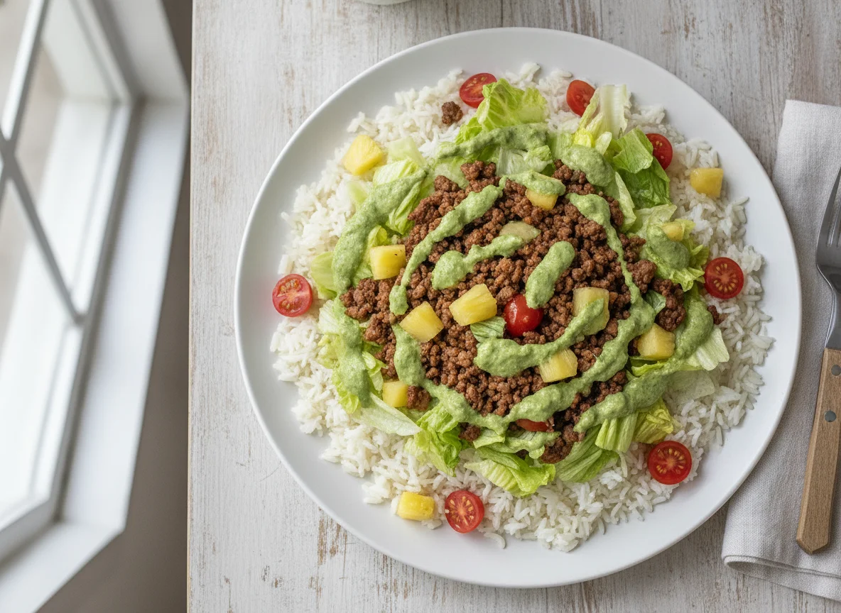 Ensalada de arroz con carne molida y salsa verde photo