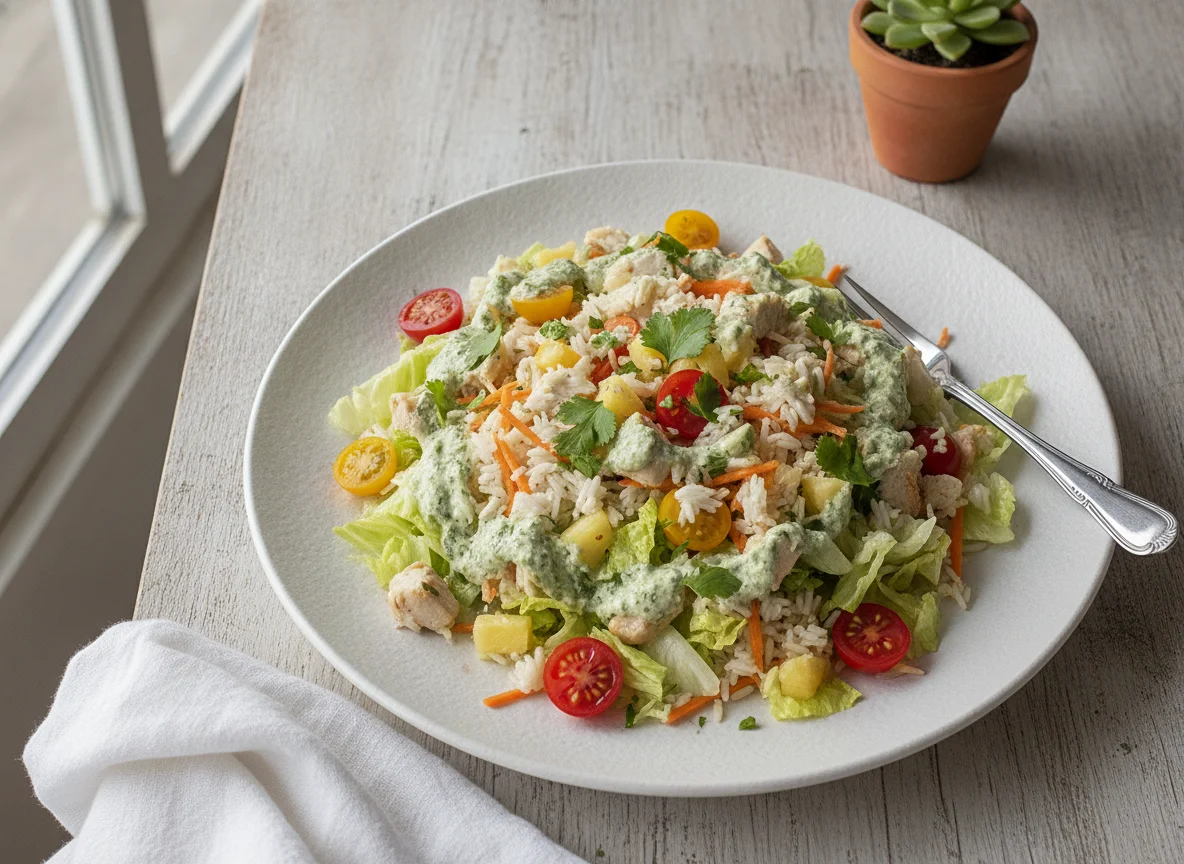 Ensalada de arroz con pollo y salsa de hierbas photo