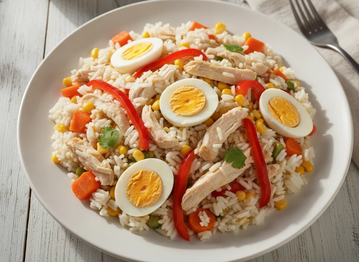 Ensalada de arroz con pollo y vegetales photo