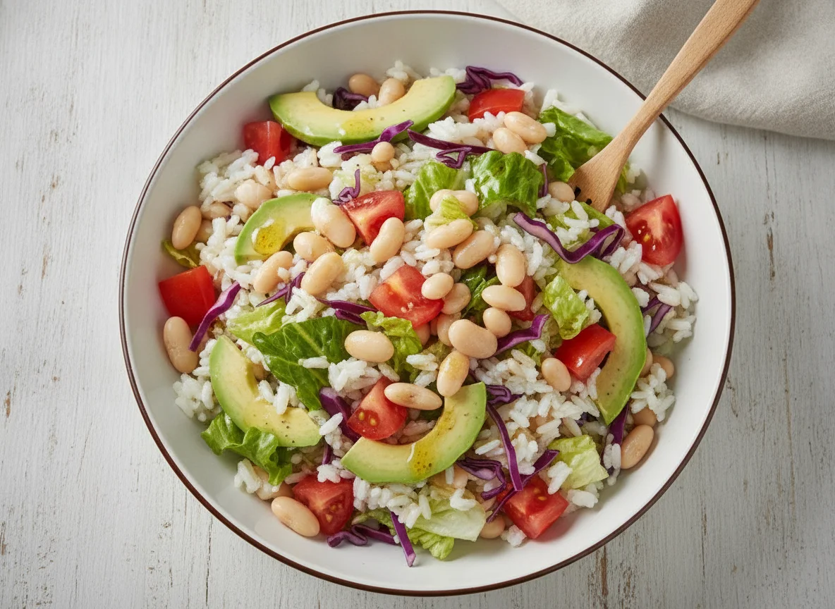 Ensalada de arroz con porotos y vegetales photo