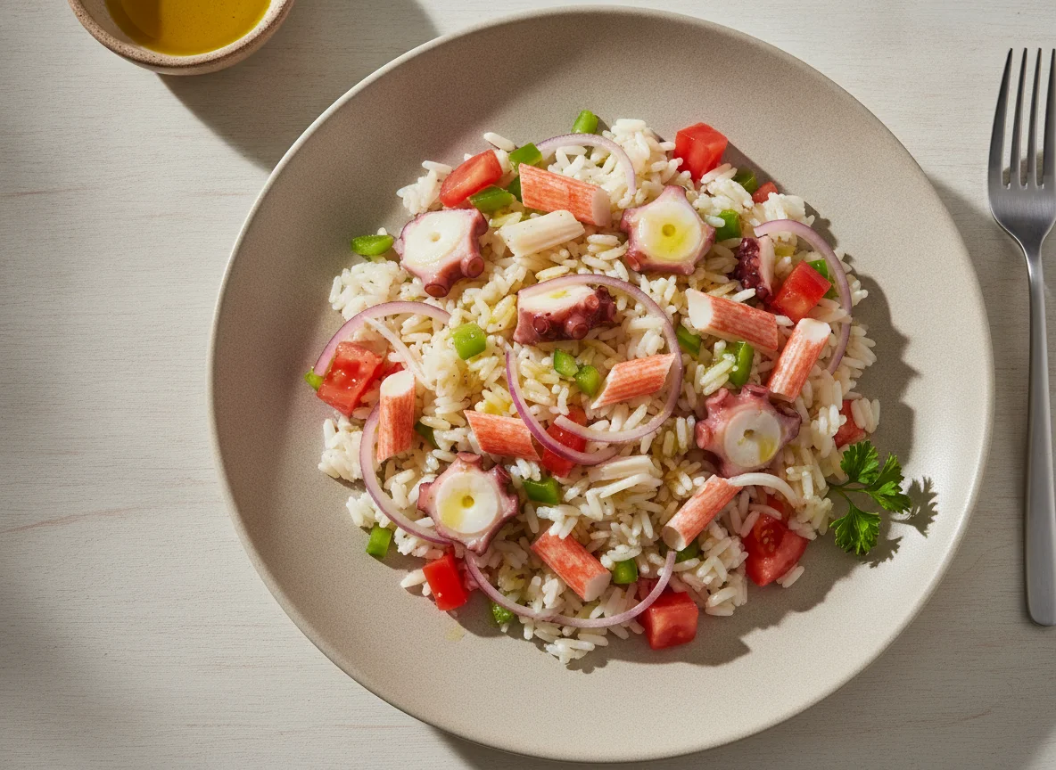 Ensalada de arroz con pulpo y palitos de cangrejo photo