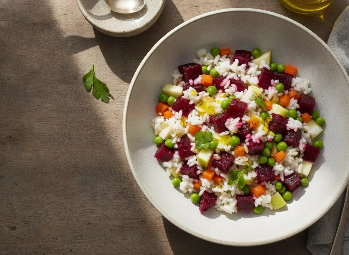 Ensalada de arroz con remolacha, manzana y guisantes photo