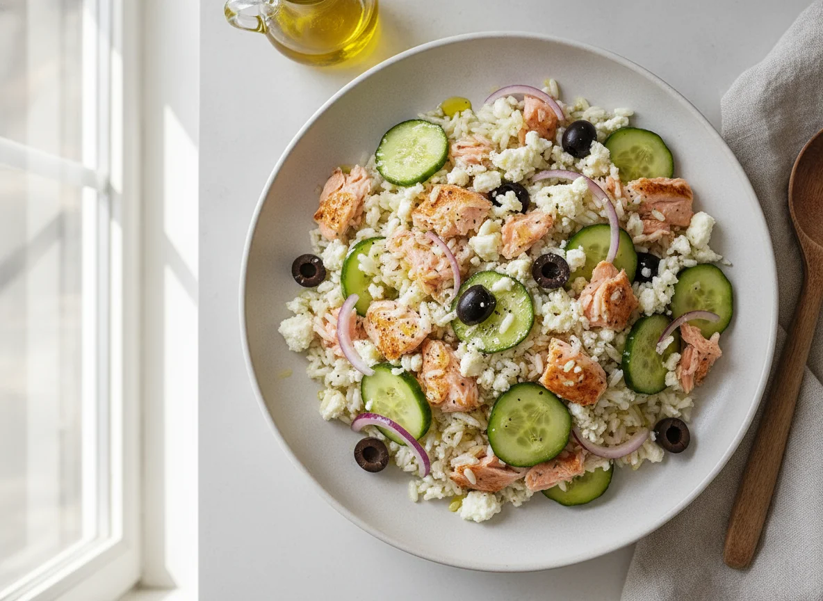 Ensalada de arroz con salmón y queso photo